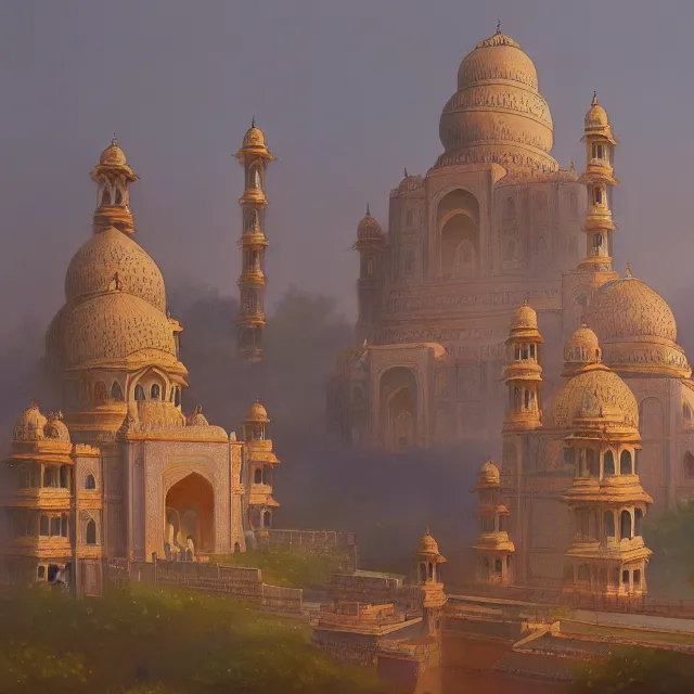 Prompt: the delicate opal palace beautifully showcases the architecture of india. oil painting by the award - winning concept artist