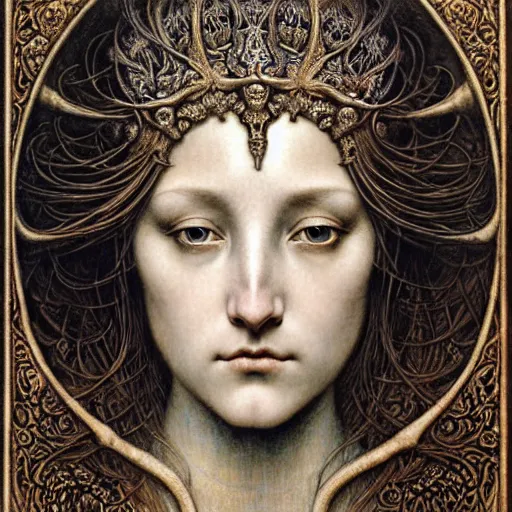 Prompt: detailed realistic beautiful young medieval queen face portrait by jean delville, gustave dore, iris van herpen and marco mazzoni, art forms of nature by ernst haeckel, art nouveau, symbolist, visionary, gothic, pre - raphaelite, fractal lace, memento mori