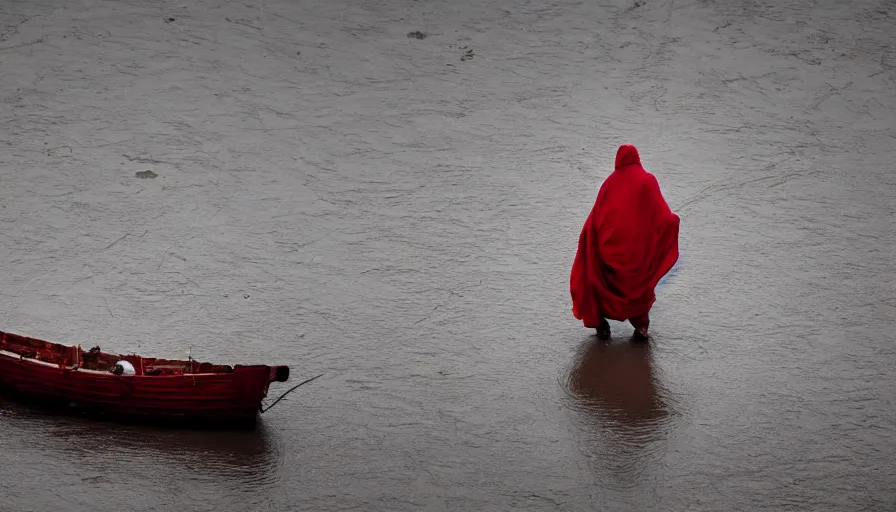 Prompt: movie still by andrzej zulawski of a man in red drapery in a blood barque on a river next to a neoclassical spherical city in the desert, leica sl 2 5 0 mm, heavy grain, high quality, high detail, foggy, mud