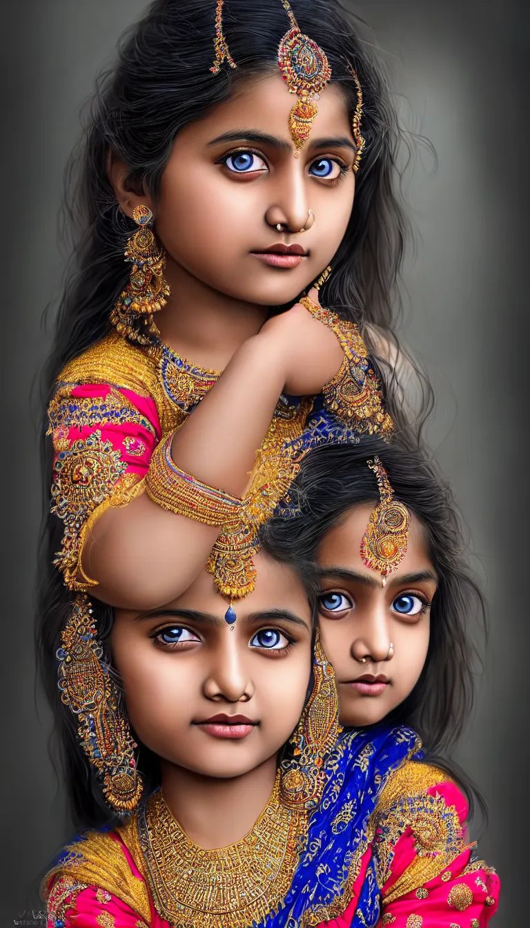 Prompt: highly detailed full body portrait of photo of south asian girl in traditional wear, studio portrait, grey colored eyes, blue colored traditional wear, photo by jerry ghionis, hyper realistic, concept art, 8 k detail post - processing