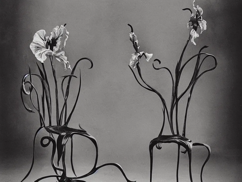 Image similar to flaming gothic chair in the shape of a iris flower. karl blossfeldt, salvador dali