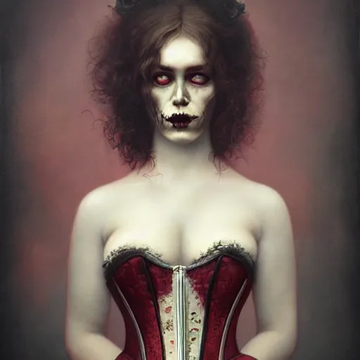 Image similar to by Tom Bagshaw, ultra realist soft painting of a carnival curiosities, beautiful single female zombie in a corset, symmetry accurate features, very intricate details, focus, curvy, award winning, ultra dense fog