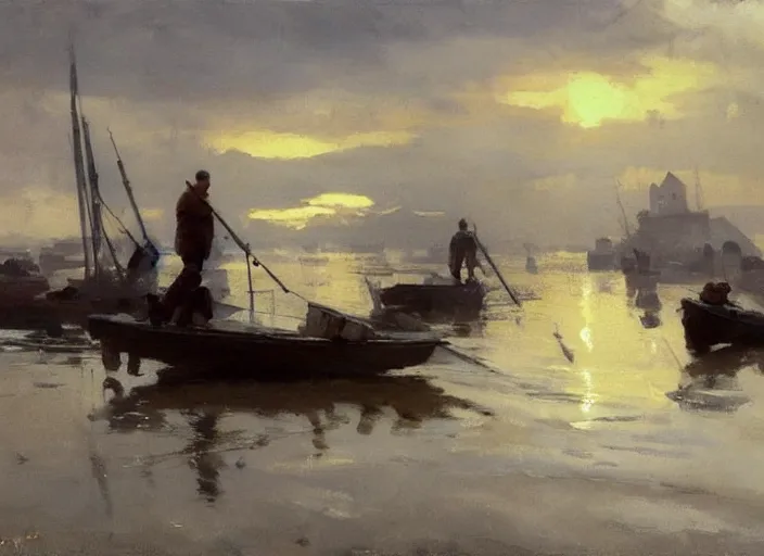 Image similar to oil painting of fishing village in dawn by anders zorn, wonderful art by greg rutkowski, incredible lighting, shadows, beautiful cinematic light, american romanticism by greg manchess, very bright and optimistic