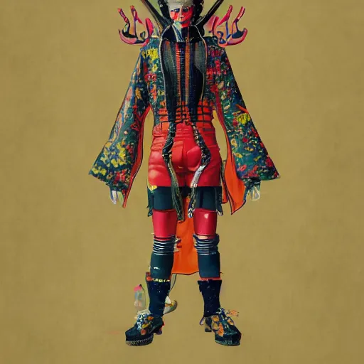 Image similar to a detailed portrait of a fashionable japanese demon wearing a cyberpunk bosozoku outfit the style of william blake and norman rockwell, kubrick, neon color scheme, crisp, artstationhd