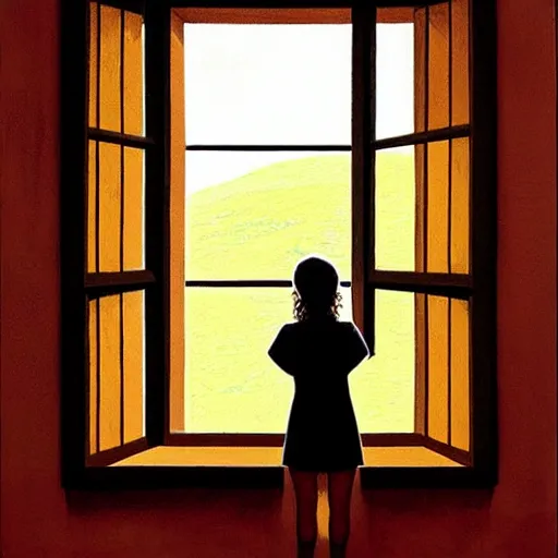 Prompt: a girl pensively looking out the window, painting by jeffrey smith