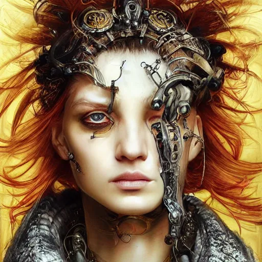 Image similar to portrait, headshot, insanely nice professional hair style, dramatic hair color, digital painting, of a old 17th century, old cyborg merchant, amber jewels, baroque, ornate clothing, scifi, realistic, hyperdetailed, chiaroscuro, concept art, art by Franz Hals and Jon Foster and Ayami Kojima and Amano and Karol Bak,