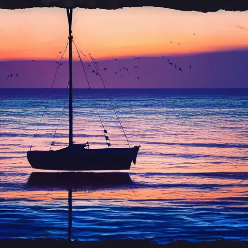 Image similar to A hand-drawn sailboat circled by birds on the sea at sunrise