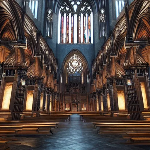 Prompt: gothic epic library, octane render, hyperrealism, many floors, tower, cathedral, fortnite