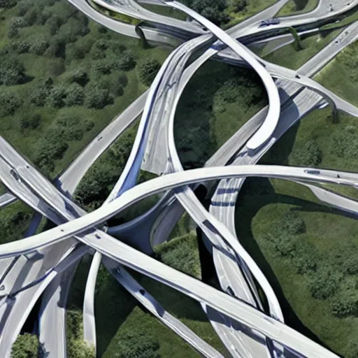Prompt: a complicated highway interchange designed by Zaha Hadid