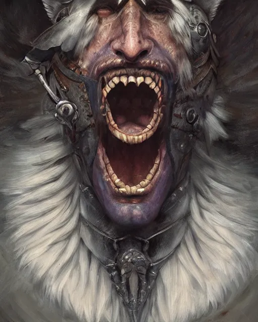 Image similar to portrait of a screaming spanish conquistador by filipe pagliuso and justin gerard, symmetric, detailed, intricate, digital painting, princess mononoke color scheme, masterpiece, sharp focus