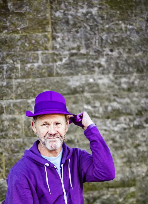 Image similar to portrait photo still of real life craig tucker wearing a purple hat and purple clothes, 8 k, 8 5 mm, f. 1 4