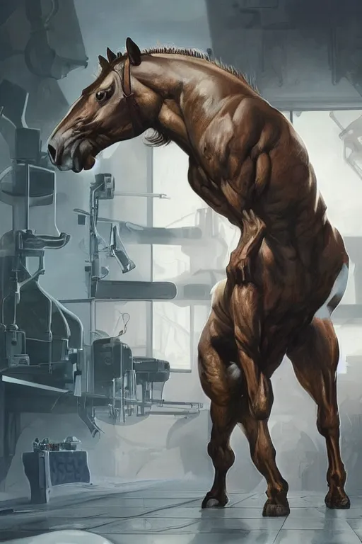 Image similar to splash art of a monstrously buff and muscular anthro horse male test subject at a research facility of experimental combat troopers, experimental tight bodysuit, full body, highly detailed, digital painting, trending on artstation, concept art, sharp smooth focus, illustration, art by artgerm and greg rutkowski and alphonse mucha