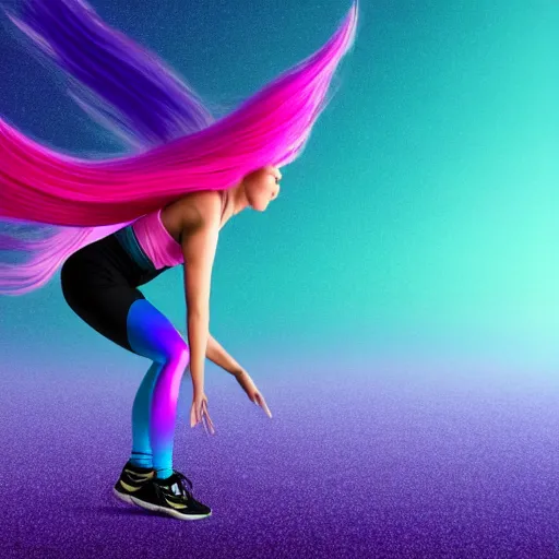 Image similar to a award winning full body shot of a beautiful woman in a croptop and leggings with a ombre purple pink teal hairstyle with head in motion and hair flying, outrun, vaporware, vivid colors, highly detailed, fine detail, intricate