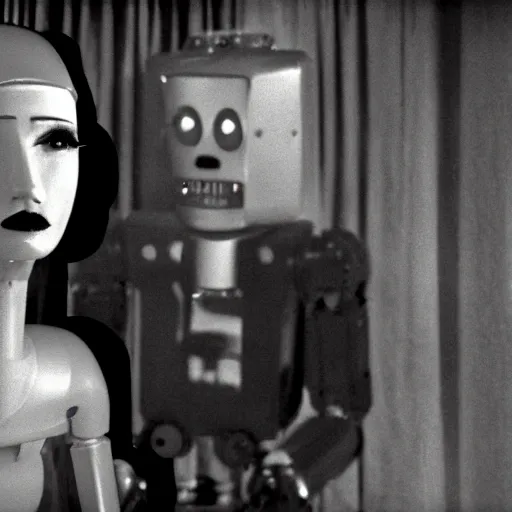 Prompt: movie still of a man and a robot in a moment of jealousy, movie by david lynch