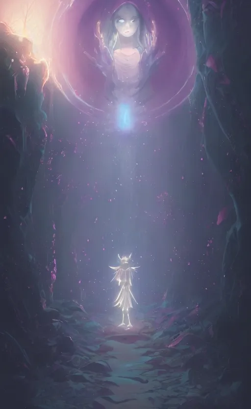 Prompt: a mystical girl sorcerer stepping out of the void, portal to another dimension, evocative, mystical night, very detailed, award winning, masterpiece digital painting by greg rutkowski, alex grey, artstation, studio ghibli, breath of the wild, rossdraws, wlop