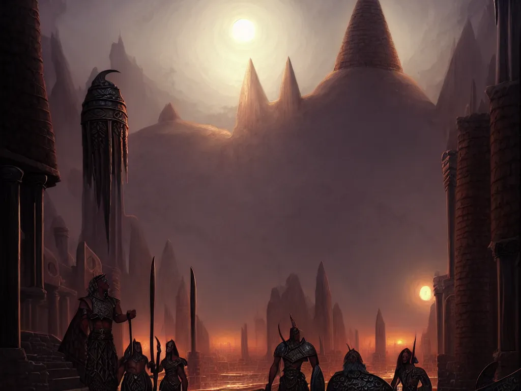 Image similar to the city of tyr in the world of athas, dark sun d & d art, beautiful digital painting by gerald brom, intricate details, ultra realistic, beautiful digital painting in the style of wlop, volumetric lighting, fantasypunk, dark sun rising, amazing d & d art, by greg rutkowski, trending cgsociety, artstation