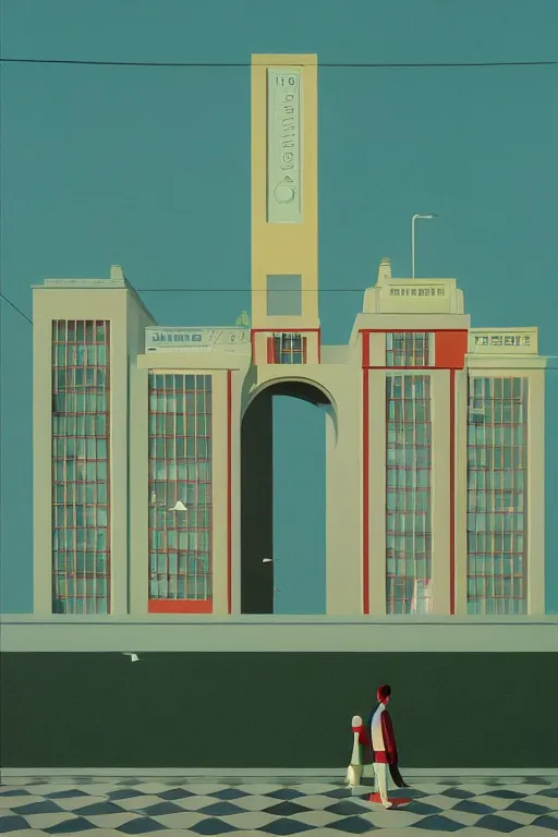 Image similar to scene from wes anderson factory building by helen lundeberg