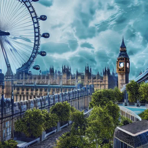 Prompt: A futuristic sky garden floating over polluted London in the year 2500, photorealistic, Big Ben, London Eye, Houses of Parliament, London, highly detailed, 4k, 8k