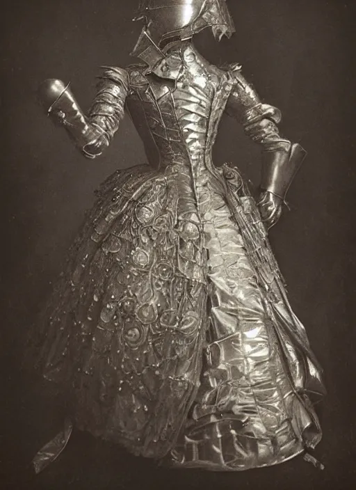 Image similar to old wetplate daguerreotype portrait of a futuristic silver armored headless marie antoinette cyborg, fractal, intricate, elegant, highly detailed, subsurface scattering, by jheronimus bosch and greg rutkowski and louis jacques mande daguerre