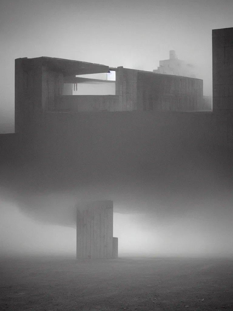 Image similar to High resolution black and white photograph with a 35 mm F/22.0 lens of a Brutalist architectural building alone in the middle of a Russian wasteland in the 1980s in the middle of nowhere while foggy.