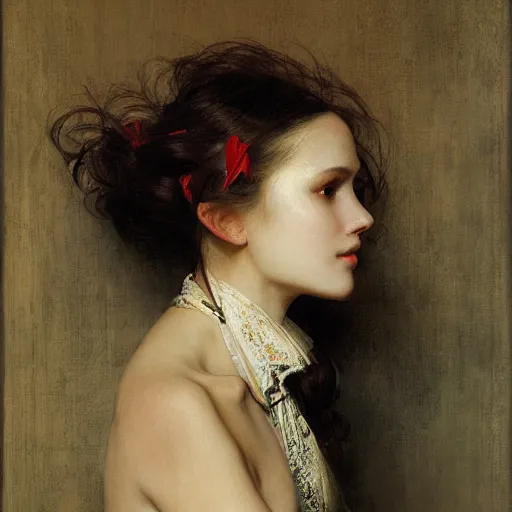 Image similar to portrait of a beautiful woman by ruan jia, mucha