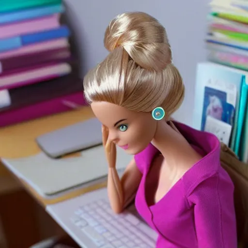 Prompt: a tired and sad barbie doll sits at a desk in her office. the desk is overflowing!!! with several large stacks!!! of paper that surround!!! her entirely. her head is resting on her hand, photorealistic,