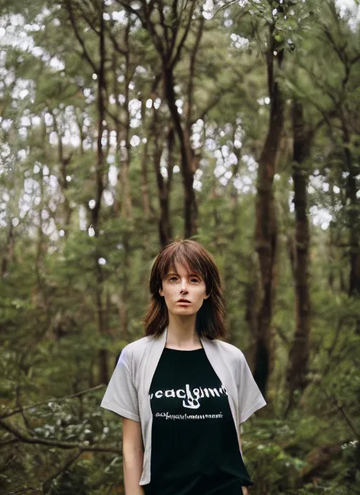 Prompt: a woman, in nature, beautiful face, serious expression, brown hair, wearing pants and a t-shirt, backlit, photo by Marat Safin, Canon EOS R3, f/1.4, ISO 200, 1/160s, 8K, RAW, unedited, symmetrical balance, in-frame