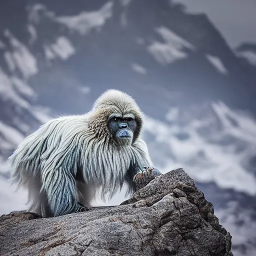 Image similar to a yeti in a remote part of the himalayan mountains, bold natural colors, national geographic photography, masterpiece, in - frame, canon eos r 3, f / 1. 4, iso 2 0 0, 1 / 1 6 0 s, 8 k, raw, unedited, symmetrical balance