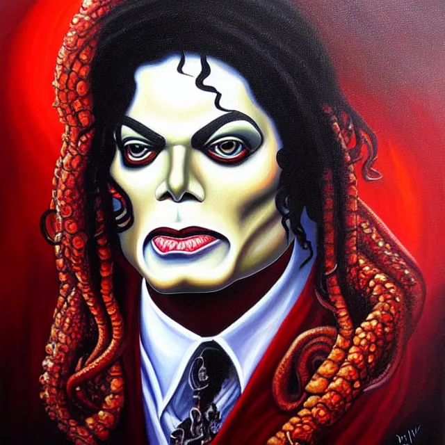 Image similar to a beautiful painting cthulhu mythos michael jackson face, by dana irving realistic oil painting