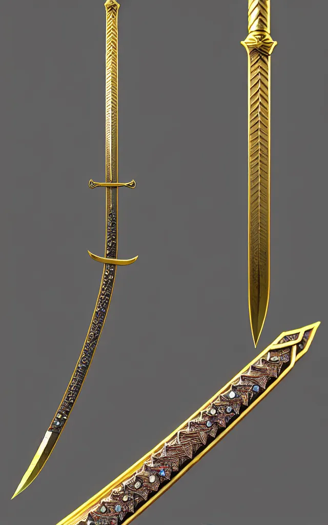 Image similar to very large detailed long sword, proportional image, clean background, 3 d octane render, blade, sharp, gold, gems,