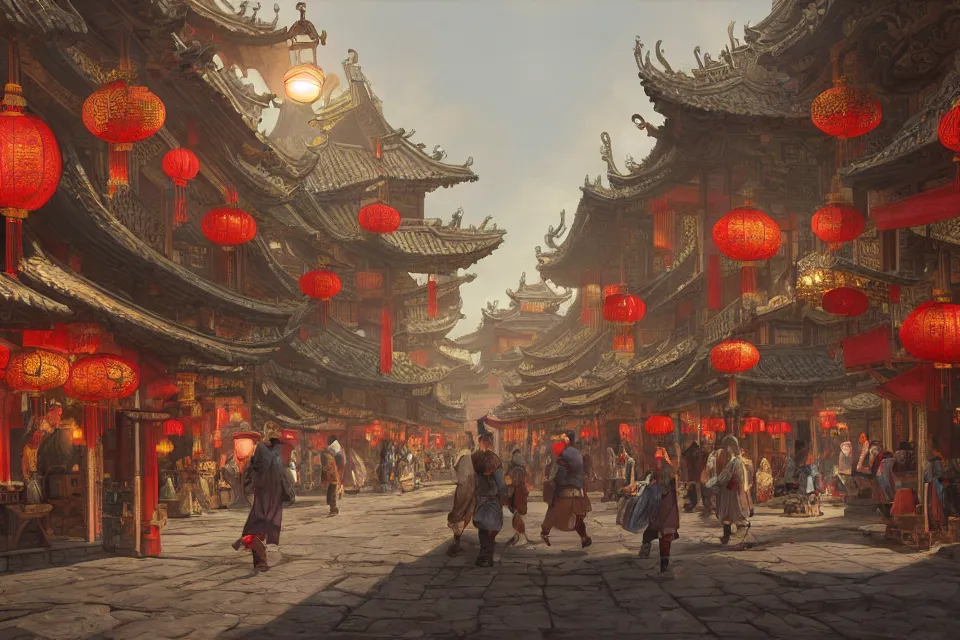 Image similar to an original game concept scene painting of an opulent marketplace street scene in chinese style ， super wide angle, magnificent and gorgeous atmosphere ， matte painting ， rtx on ， by moebius, neil blevins and jordan grimmer ， trending on cgsociety and artstation, unreal engine ， volumetric light ， surreal