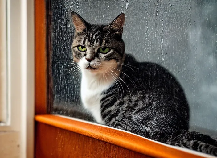 Image similar to photography of a Cat . watching outside the window while it rains. on a bed. in a 70's room full of vinyls and posters, photorealistic, raining award winning photo, 100mm, sharp, high res