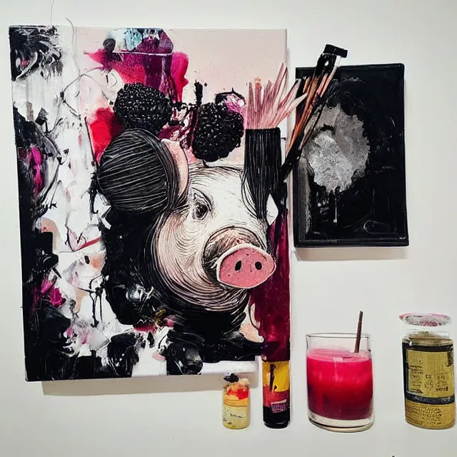 Image similar to “ a portrait in a female art student ’ s apartment, sensual, a pig theme, art supplies, paint tubes, ikebana, herbs, a candle dripping white wax, black walls, squashed berries, berry juice drips, acrylic and spray paint and oilstick on canvas, surrealism, neoexpressionism ”