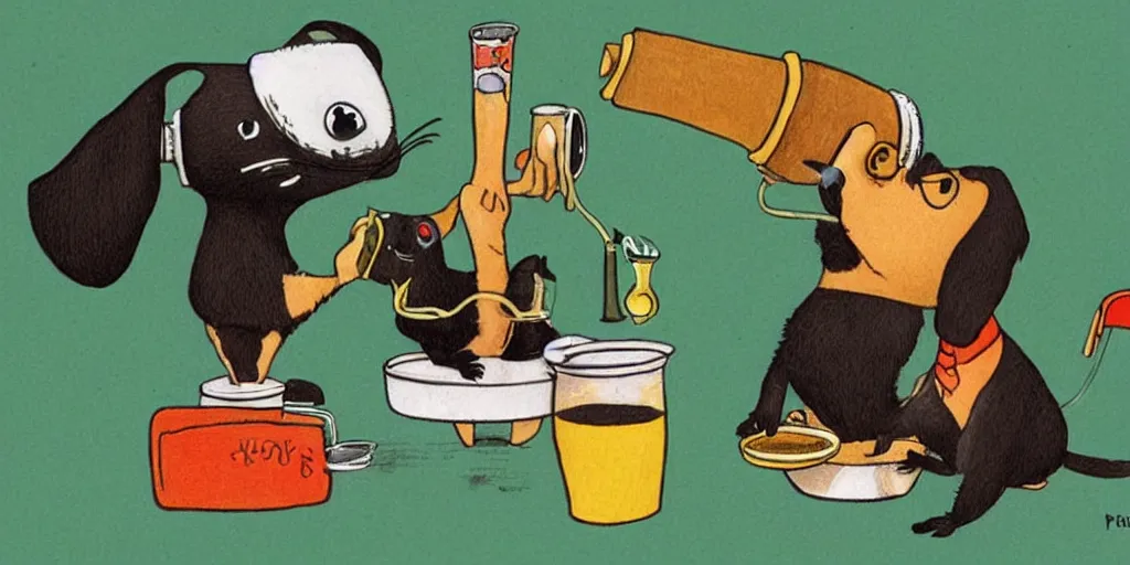 Image similar to a small black dog drinking beer by richard scarry