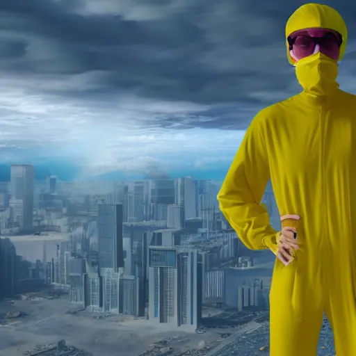 Image similar to futuristic world with people wearing yellow jump suits, 8 k resolution, cinematic lighting, anatomically correct