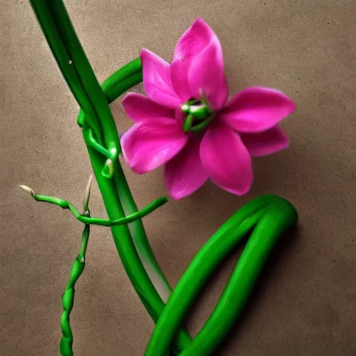 Image similar to studio photograph of a thin green vine creature with vine limbs and a pink blooming flower bulb with many sharp teeth