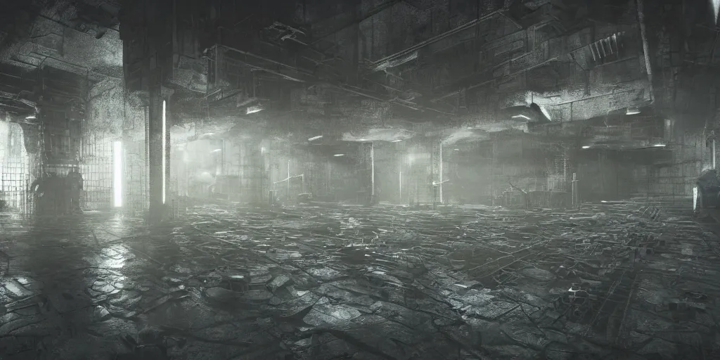 Prompt: inside of an underground factory with grates, ladders, walkways, doors, ominous, dark, bleak, atomspheric lighting, cinematic lighting, matte painting, movie concept art, rendered in octane, in the style of bladerunne 2049, dystopian, sci fi, v-ray, extreme wide shot, extreme long shot,