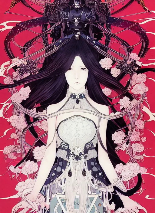 Image similar to artstation fantastic fate manga poster of princess mechine, takato yamamoto, long hair, art nouveau, armor, laces, ruffles, by katsuhiro otomo, shigenori soejima, minaba hideo, jump comics, fluorescent, illustration,, highly detailed, 8 k, maximalist,