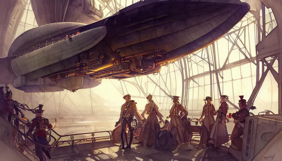 Image similar to airship interior bridge of warship, captain and bridge crew, french baroque, napoleonic, dieselpunk science fiction, steampunk, sharp, concept art watercolor illustration by mandy jurgens and alphonse mucha, dynamic lighting