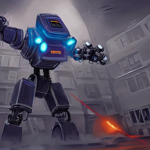 Image similar to a menacing robot furiously punching a building, concept art, highlt detailed