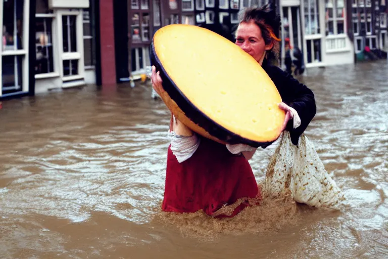 Image similar to closeup potrait of a woman carrying a wheel of cheese over her head in a flood in Amsterdam, photograph, natural light, sharp, detailed face, magazine, press, photo, Steve McCurry, David Lazar, Canon, Nikon, focus