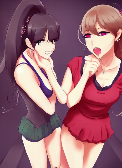 Prompt: two beautiful female teachers taunting each other, in summer clothes, gorgeous faces, smooth, thick lines, cinematic lighting, detailed anime art