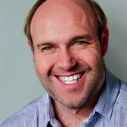 Prompt: color photograph of a balding, middle aged, brown haired, hairy, blue eyed, round faced, short white man dressed in a white shirt, smiling at the camera with perfect, straight white teeth