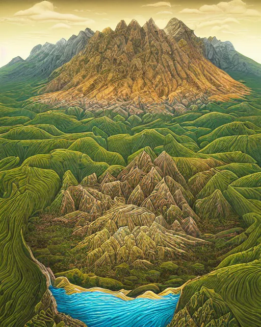 Prompt: mountaintop river flat illustration by jacek yerka trending on artstation