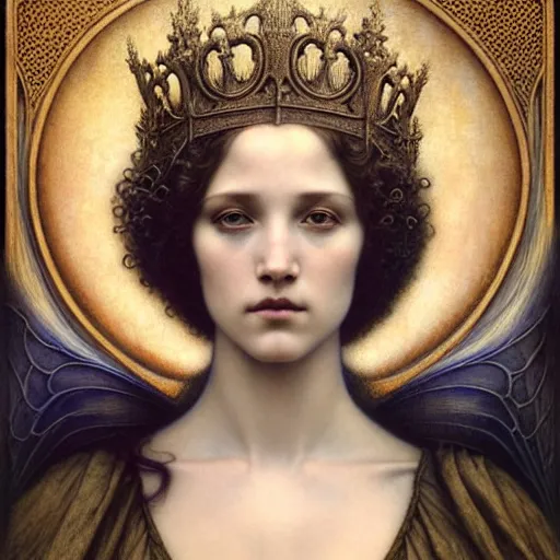 Image similar to detailed realistic beautiful young medieval queen face portrait by jean delville, tom bagshaw, brooke shaden, gustave dore and marco mazzoni, art nouveau, symbolist, visionary, gothic, pre - raphaelite, ornate gilded medieval icon, surreality, ethereal, unearthly, haunting, celestial, neo - gothic, ghostly, memento mori, eerie