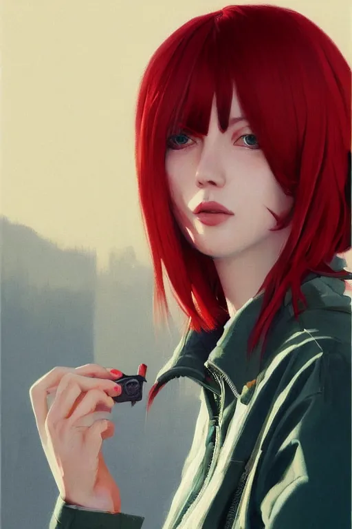 Prompt: A ultradetailed beautiful panting of a stylish woman looking at the camera, she is wearing streetwear, she has red hair with bangs, bright sunny day, Oil painting, by Ilya Kuvshinov, Greg Rutkowski and Makoto Shinkai