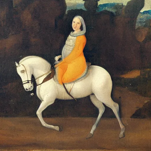 Image similar to a 1 8 th painting of a giovanna d'arco while is riding a horse, wide shot,