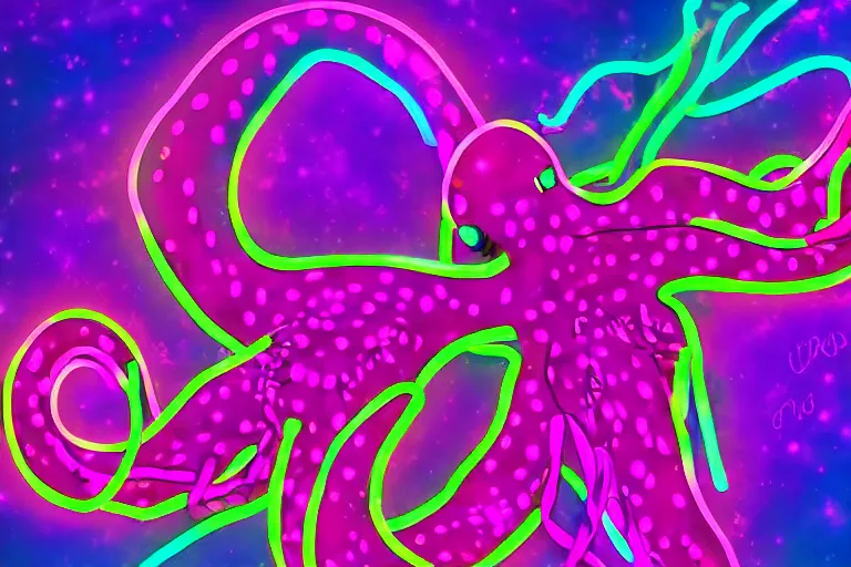 Image similar to digital art of a neon purple octopus floating in space by flooko, neon outline, sharp lines, blurry background (arcylic), ((synthwave)),