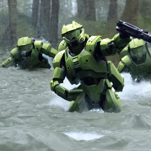 Prompt: medium shot, master chief and Noble 6 back to back, fighting off the flood