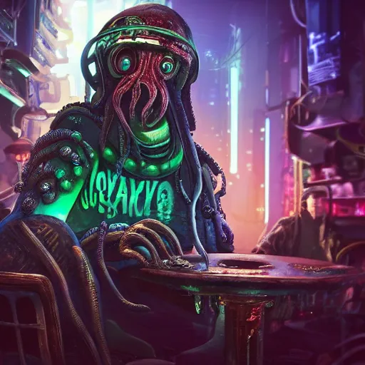 Image similar to a high quality portrait of octopus Davy Jones in a cyberpunk cyberpunk cyberpunk cafe, realism, 8k, award winning photo